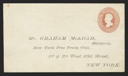 U156, 2c Vermilion on white, unused entire with pre-printed address, size 6, knife 19, wmk. 5, some light soiling mainly on reverse, very fine and rare only the fourth
mintunused entire we have ever offered ex-Barkhausen (UPSS 356).