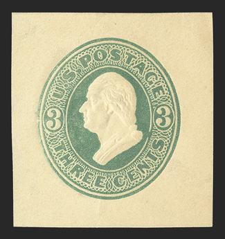 U169, 3c Green on amber, 36x38mm mint cut square, bright and fresh with detailed embossing, very fine.