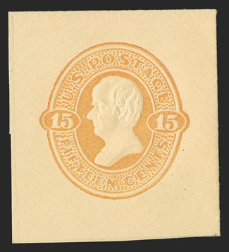 U200, 15c Orange on cream, 38x42mm full corner mint cut square, rich color and highly detailed embossing on fresh paper, extremely fine.