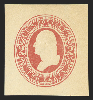 U241, 2c Red on amber, 35x37mm mint cut square, clean and fresh, very fine and quite elusive.