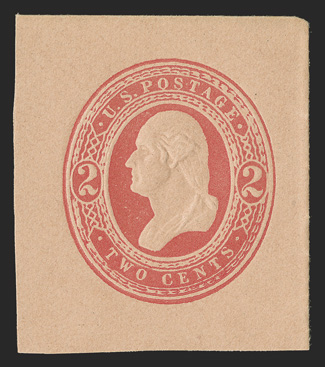 U246, 2c Red on fawn, 36x41mm full corner mint cut square, good color and detailed embossing on fresh paper, very fine.
