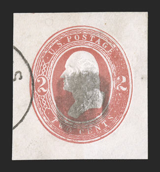 U247, 2c Red on white, round O in TWO, used cut square, measuring 34x37mm, fresh with bright color on clean white paper, neat black cancel, very fine and choice example of a
scarce die.