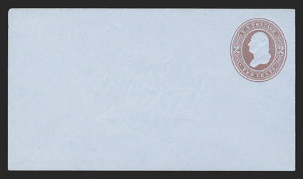 U290, 2c Brown on blue, fresh mint entire, size 6, knife 19, wmk. 6, immaculate example with no pre-printing, extremely fine and rare, being only the sixth mint example we
have offered in our auctions (UPSS 857).