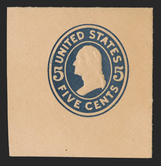 U418b, 5c Blue printed on buff paper in error instead of white, die 2, 46x47mm full corner mint cut square, wonderfully fresh, with deep color on unmistakable buff paper,
extremely fine and very rare only known as a cut square, with this being