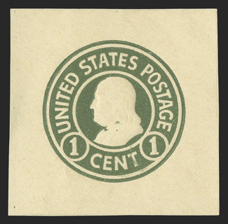 U421a, 1c Green on amber, die 2, 39x39mm mint cut square, clean and fresh, extremely fine and scarce.