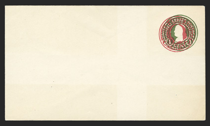 U429j, 2c Carmine on white (U429), with added impression of 1c Green (U420), mint entire, size 8, knife 42, some very faint toning, still very fine and desirable a visually
striking double impression error of two different circular dies (UPSS