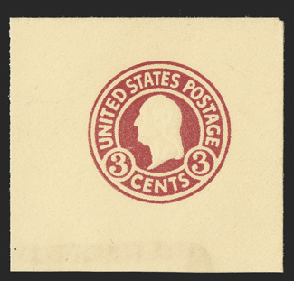 U437g, 3c Carmine on amber, error of color, die 5, large 51x47mm full corner mint cut square, including a portion of the window at lower left, extremely fine and quite
scarce.