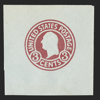 U439g, 3c Carmine on blue, error of color, die 5, 47x47mm full corner mint cut square, fresh and very fine signed Thorp.