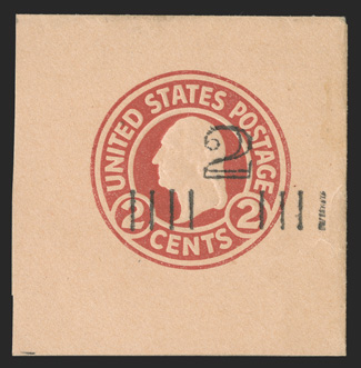 U456, 2c on 2c Carmine on oriental buff, die 2, 45x45mm full corner mint cut square, fresh and extremely fine.