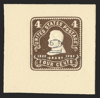 U463, 2c on 4c Chocolate on amber, 47x46mm full corner mint cut square, rich color on fresh paper, extremely fine a very scarce and frequently misidentified cut
square.