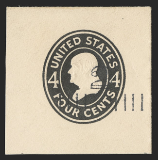 U463A, 2c on 4c Black on white, 45x45mm full corner mint cut square, intense color on fresh paper, extremely fine a rare cut square as only 50 entires were
surcharged.