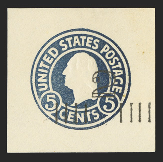 U464, 2c on 5c Blue on white, 40x39mm mint cut square, very fine a rare and seldom offered cut square.