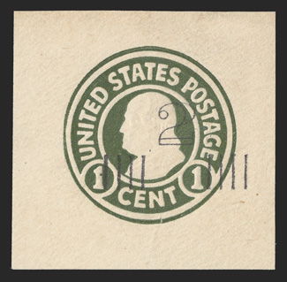 U465, 2c on 1c Green on white, die 1, 41x40mm mint cut square, very fine and quite choice a cut square that is not only missing from most collections but is also much more
rare than its catalog value would indicate by some knowledgeable speci