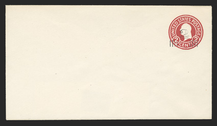 U466Ac, 2c on 2c Carmine on white, die 5, mint entire, size 10, knife 58, wmk. 22, extremely fine a pristine example of this rare entire and only the fifth example we have had
the pleasure to offer in our auctions (UPSS 2938).