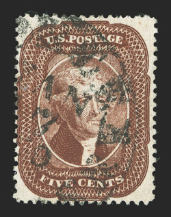 28b, 5c Bright red brown, Ty. I, used with 1859 New Orleans datestamp, characteristic intense color and crisp impression on fresh paper, nearly very fine 1991 PF
certificate.