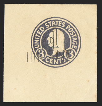 U475, 2c on 1c on 3c Dark violet on amber, die 1, double surcharge, 49x52mm full corner mint cut square, extremely fine.