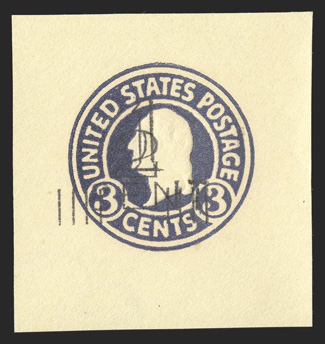 U475, 2c on 1c on 3c Dark violet on amber, die 1, double surcharge, twice surcharged mint cut square, measuring 43x45mm, excellent deep color and bright paper, extremely
fine.