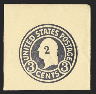 U478, 2 on 3c Dark violet on amber, die 1, 40x39mm full corner mint cut square, very fine.