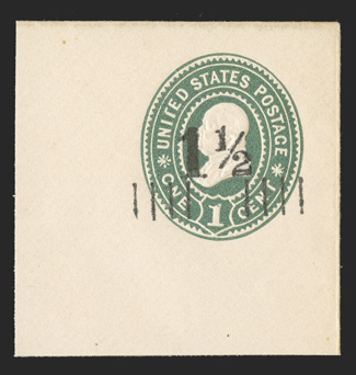 U488, 1½c on 1c Green on white, large 50x51mm full corner mint cut square, fresh and extremely fine a premium quality example of this rare cut square only 39 entires are
believed to have been surcharged.