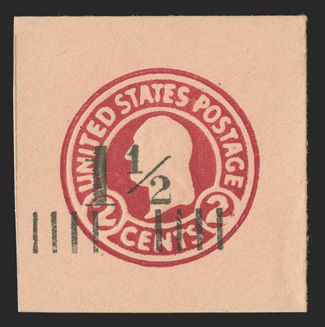 U503, 1½c on 2c Carmine on oriental buff, die 5, 40x40mm full corner mint cut square, fresh and very fine.