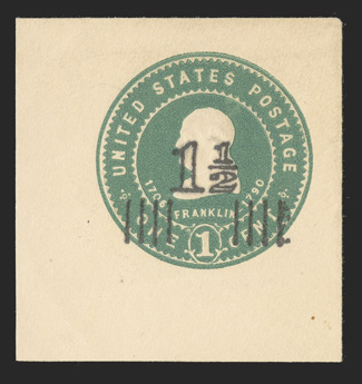 U508A, 1½c on 1c Green on white, 45x47mm full corner mint cut square, fresh and clean, extremely fine and very rare only eighteen entires were surcharged, and of these few a
mere five are believed to exist as cut squares at this time.