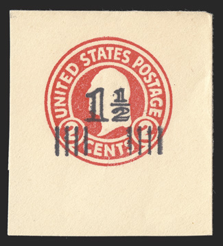 U520, 1½c on 2c Carmine on white, die 1, attractive mint cut square, being a full corner measuring 42x49mm, strong surcharge, fresh on bright white paper, extremely
fine.