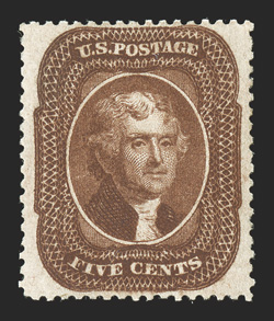 30, 5c Orange brown, Ty. II, unused, exceptionally well centered within wide margins, intensely rich color, regummed, extremely fine 1999 APS certificate (sweated o.g.) and a
2009 PSE certificate (XF 90 RG SMQ $690.00).