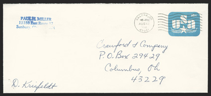 U586a, 16c Olive branch and star, surcharge omitted, an exceedingly rare commercially used entire, size 23, knife 115, wmk. 47, Galena, OhAug 12, 1980 wavy line machine cancel
and addressed to Columbus, two staple holes in the bottom left cor