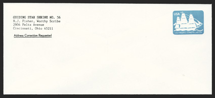 U612a, 8.4c Mayflower, black omitted, mint entire, size 23, knife 115, printed return address of Guiding Star Shrine No 26 of Cincinnati, Ohio as always, extremely fine and
rare only eight examples reported (UPSS 3726 var.).
