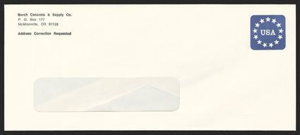 U615a, 25c Dark red and deep blue, dark red omitted, mint entire, size 23, knife 115w, printed corner card of Burch Concrete & Supply Co. of McMinnville, Oregon, extremely
fine and very rare, being the first example we have offered listed but n