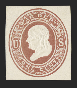 UO18, 1c Dark red War Dept. on white, 28x31mm mint cut square, good color and strong embossing, fine.