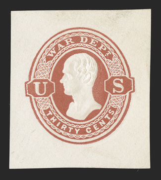 UO29, 30c Dark red War Dept. on white, 34x39mm mint cut square, good color and detailed embossing on fresh paper, very fine.