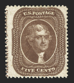30A, 5c Brown, Ty. II, an exceptional mint example of this scarce stamp, displaying wide margins, with a large portion of the imprint in the left margin, deep intense color and
impression, o.g., lightly hinged, extremely fine imprint exampl