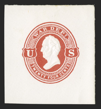 UO42, 24c Vermilion War Dept. on white, 42x46mm full corner mint cut square, radiant rich color contrasted by bright white paper, bold embossing, fresh and extremely
fine.