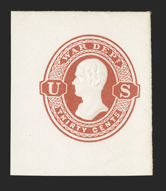 UO43, 30c Vermilion War Dept. on white, 37x44mm full corner mint cut square, rich color and detailed embossing, fresh and extremely fine.