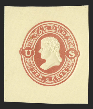 UO60, 10c Red War Dept. on amber, 37x43mm mint cut square, incredibly detailed embossing on crisp clean paper, extremely fine and scarce.