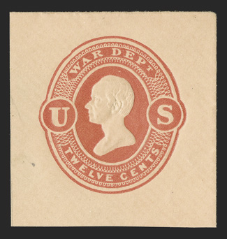 UO63, 12c Red War Dept. on cream, 37x39mm full corner mint cut square, strong color and embossing on fresh paper, very fine.