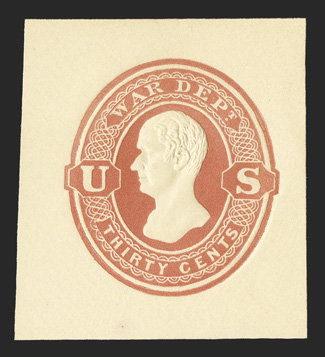 UO68, 30c Red War Dept. on amber, 35x39mm mint cut square, rich color and sharp embossing on fresh paper, very fine.