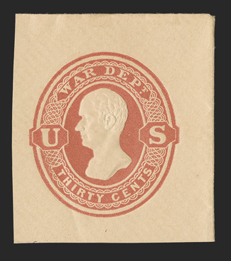 UO69, 30c Red War Dept. on cream, 36x40mm mint cut square, fresh and very fine.