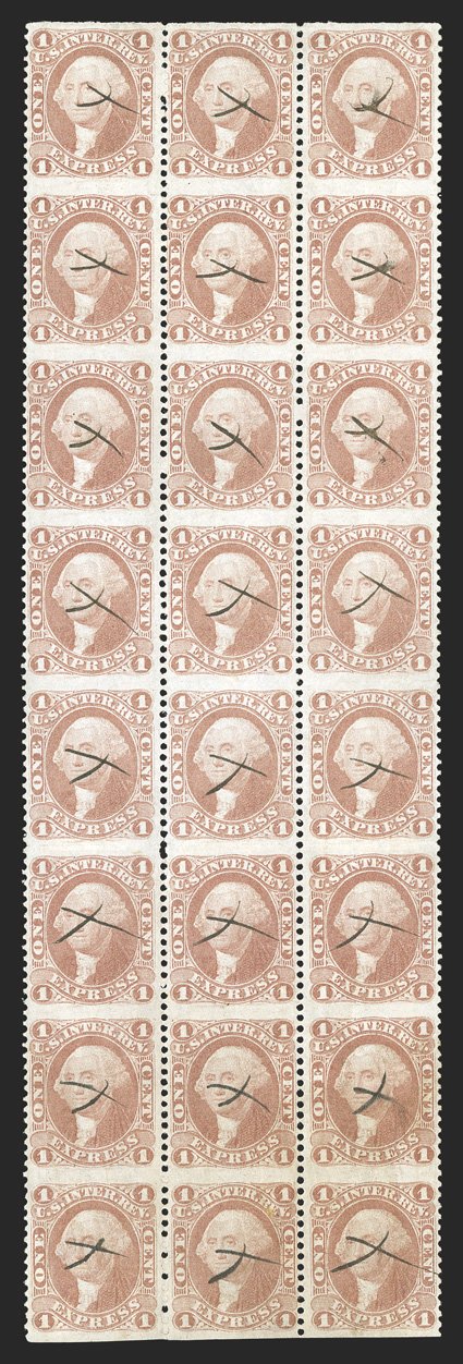 R1b, 1c Express, part perforated, handsome and rare block of 24 (3x8), uncommonly well centered, exceptionally fresh, strengthened horizontal crease between the fifth and
sixth rows, very fine this is the only block of this size known, with j