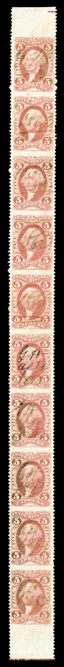 R25b, 5c Express, part perforate, rejoined vertical strip of ten with full sheet selvage at top and bottom, rejoined between the fifth and sixth stamps, fresh color, nicely
centered, 1863 ms. cancels, very fine this is the only recorded strip