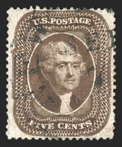 30A, 5c Brown, Ty. II, uncommonly well centered and margined, strong color, light and unobtrusive c.d.s. town cancel, current certificate notes a tiny surface scuff at bottom
left (quite trivial), otherwise extremely fine clear 1988 PF certific
