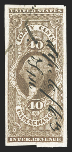 R53a, 40c Inland Exchange, imperforate, four large margins, rich color, 1863 ms. cancel, light horizontal crease and a small pinhole, extremely fine appearance a scarce First
Issue imperforate 1991 PF certificate mentioning only the crease.