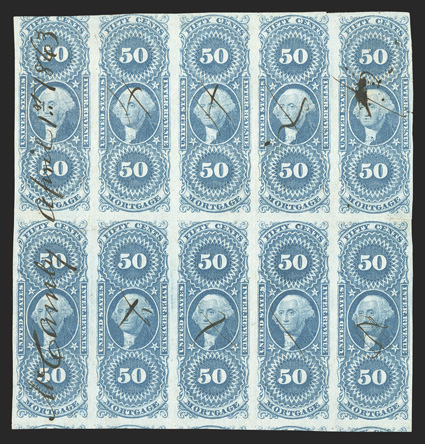 R59a, 50c Mortgage, imperforate, block of ten (5x2), three large margins, in at top on the left two stamps, strong rich color on fresh paper, 1863 ms. cancels, light
horizontal crease in top row, small scissor cut at right between stamps, small