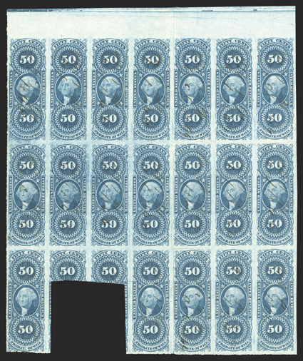 R62a, 50c Probate of Will, imperforate, rejoined irregular top margin block of nineteen (7x3 with two stamps from the bottom row largely missing), made from rejoined blocks of
ten and nine (these two blocks themselves would be the second and thi