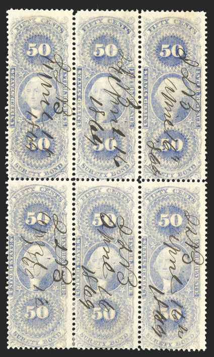 R63ce, 50c Surety bond, ultramarine, block of six (3x2), 1869 ms. cancels, fine only one larger multiple exists ex-Joyce, Halstead.