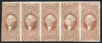 R70a, $1.00 Lease, imperforate, unused horizontal strip of five, full to large margins on three sides, in at left, attractive color, black mark on back of right stamp just
shows through at top, fine-very fine only one larger multiple (a block