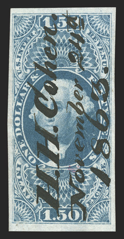 R78a, $1.50 Inland Exchange, imperforate, a stunning used example, with large to extra-large margins all around, lovely rich color and a crisp clean impression, marvelously
cancelled by a bold and incredibly neat ms. H. H. Cohen.November 24th