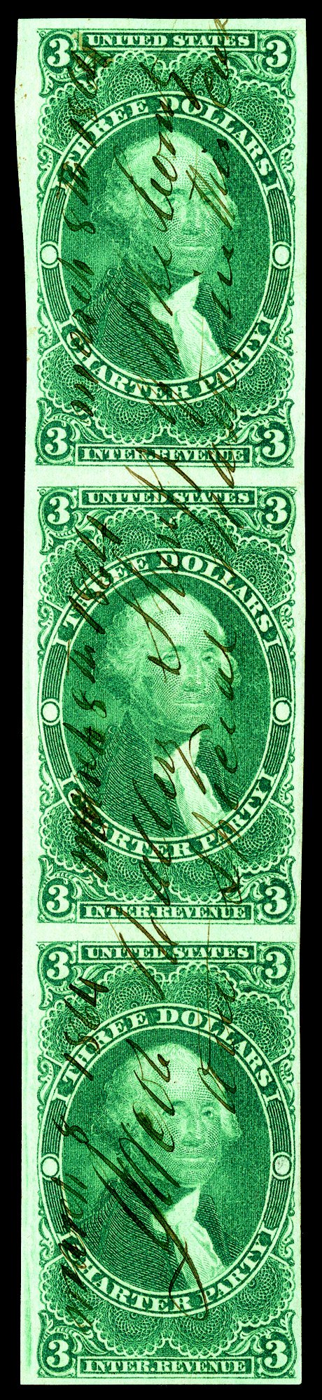 R85a, $3.00 Charter Party, imperforate, vertical strip of three, full to mostly large margins all around, deep intense color and impression, 1864 ms. cancel, top stamp with
just the faintest hint of a crease, very fine this is tied for the se