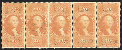 R98c, $20.00 Conveyance, horizontal strip of five, strong color, 1865 ms. cancels, some very light creasing, otherwise fine-very fine this is the only recorded strip of five,
with just one larger multiple known ex-Cunliffe.